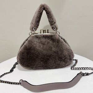 Handmade Gray Real Shearling Leather Kisslock Purse, Shoulder Bag, Crossbody